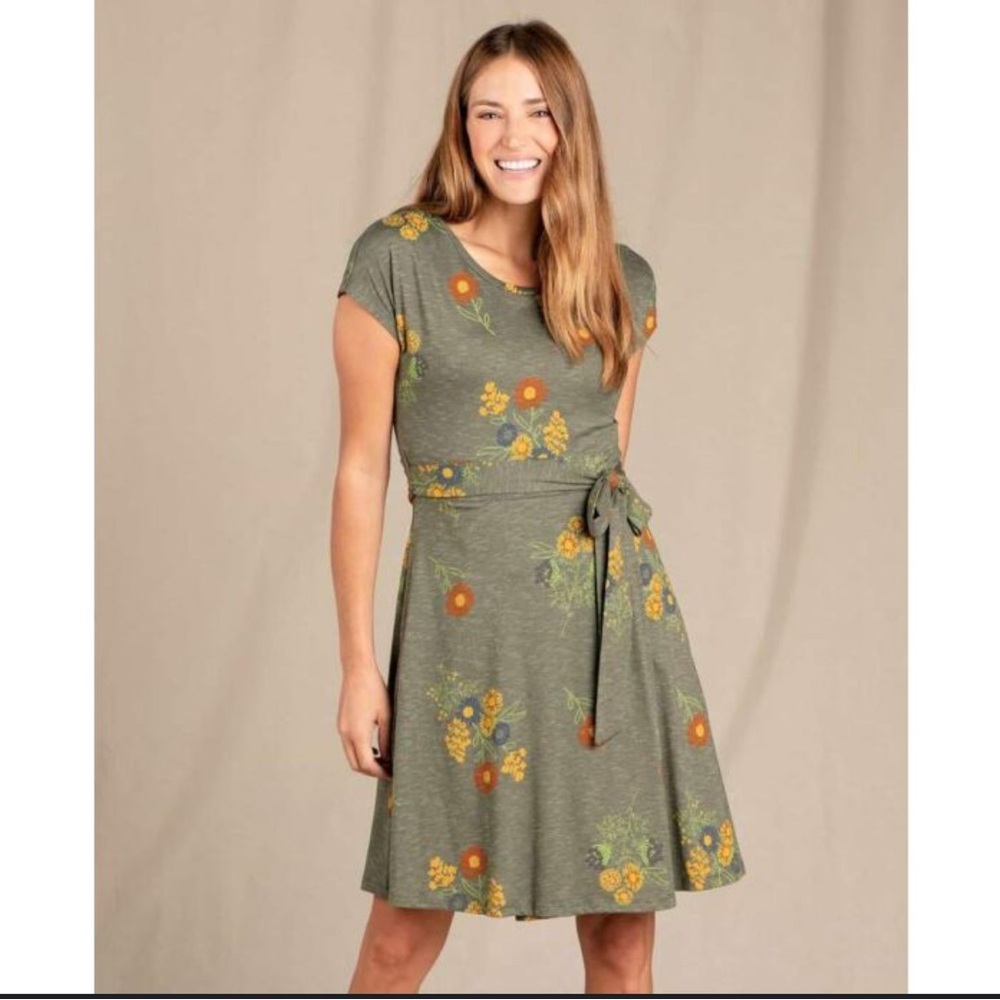 Toad&Co Olive Green Floral Midi Dress with Yellow & Orange Accents
